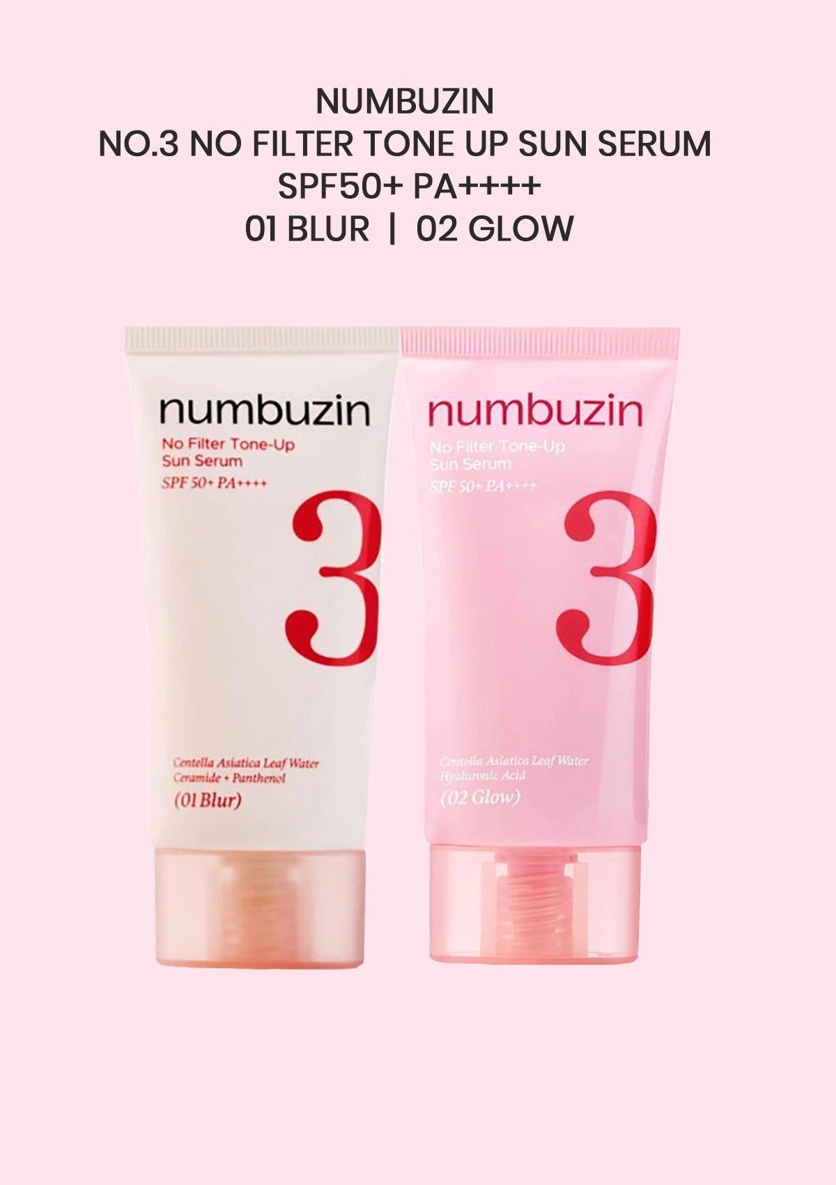 Two tubes of Numbuzin No.3 No Filter Tone Up Sun Serum on a pink background