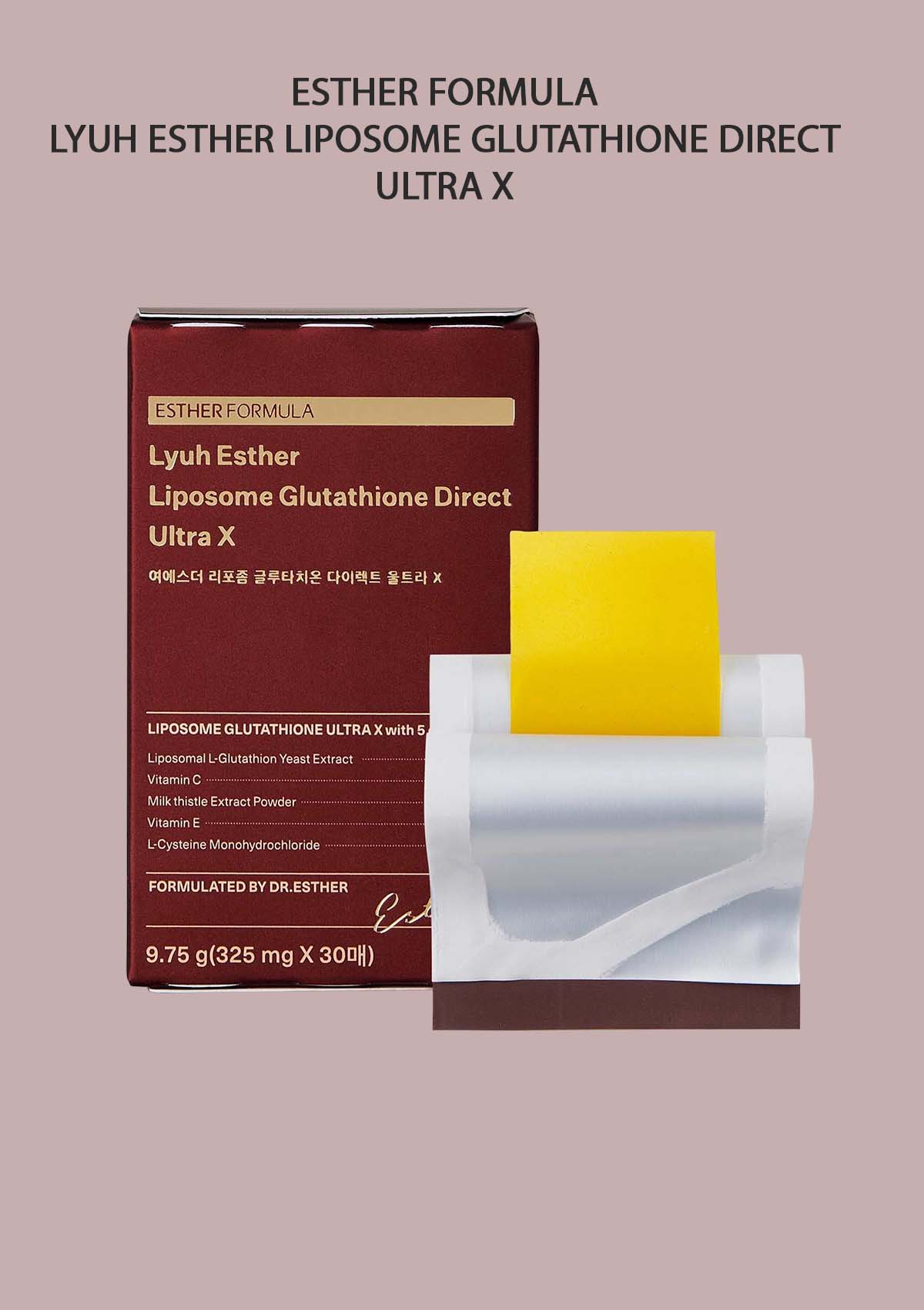 Packaging of Esther Formula Lyuh Esther Liposome Glutathione Direct Ultra X, showing a box and a pack with a yellow dissolving film strip.