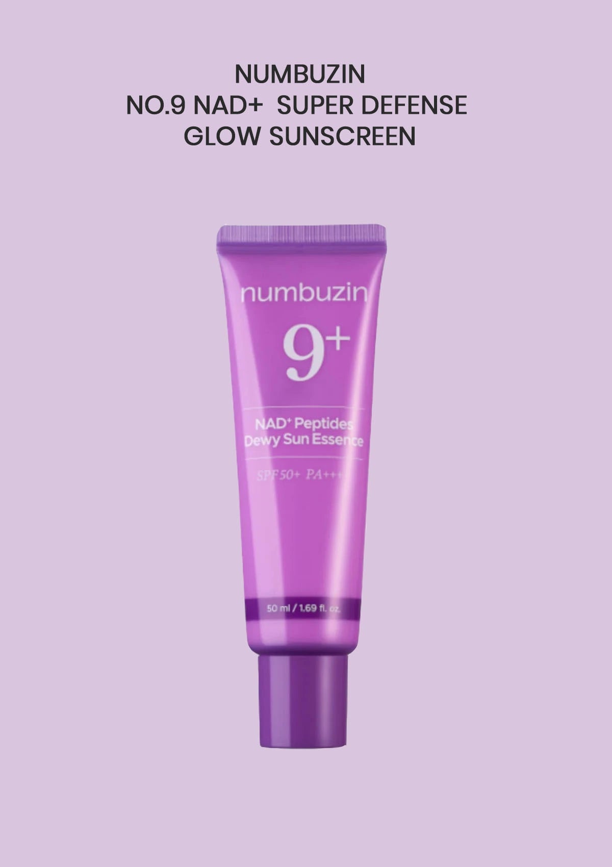Purple sunscreen tube labeled 'Numbuzin No.9 NAD+ Super Defense Glow Sunscreen' on a light purple background