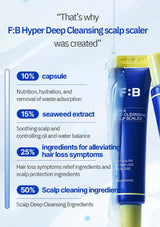 F:B Hyper Deep Cleansing scalp scaler with ingredients listed on a blue background