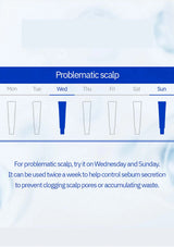 Schedule for using a product on problematic scalp with blue highlighted days.