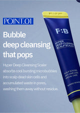 F:B Hyper Deep Cleansing Scalp Scaler tube on a light blue background with text describing the product.