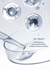 Cosmetic dropper with clear liquid over a white background, featuring text about skincare benefits.