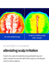 Comparison of UV-stimulated scalp and a healthy scalp after using a product, with text about scalp deep cleansing.