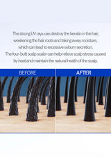 Before and after comparison of hair texture with text about UV rays and scalp health.