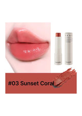 Lipstick with '#03 Sunset Coral' swatch on a white background