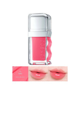 Pink lip gloss with a silver cap on a white background, shown with a close-up of lips wearing the product.