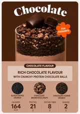 A chocolate-flavour snack package or label featuring a glass of layered chocolate cookie crumb with chocolate pieces on top, plus text reading 'Chocolate', 'CHOCOLATE FLAVOUR', and nutritional facts for calories, protein, fibre, and sugars.