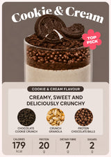 A promotional graphic for a Cookie & Cream flavored drink or dessert. The top half shows a layered glass filled with dark cookie crumbs and topped with two cookie halves, with the words 'Cookie & Cream' at the top.