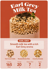 A product information graphic for Earl Grey Milk Tea. The top half features a glass jar filled with milk tea and topped with dark Earl Grey tea leaves and a small green leaf, set against a dark reddish-brown background with the text 'Earl Grey Milk Tea' in white.