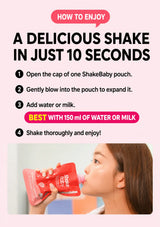 An instructional graphic with a pink background titled 'HOW TO ENJOY A DELICIOUS SHAKE IN JUST 10 SECONDS' and numbered steps for using a ShakeBaby pouch. A photo at the bottom shows a woman drinking from a red ShakeBaby pouch.