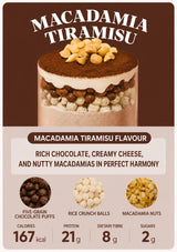 A product information card for Macadamia Tiramisu flavor, showing a layered dessert image at the top and ingredient callouts for five-grain chocolate puffs, rice crunch balls, and macadamia nuts on a beige background with a dark brown header.