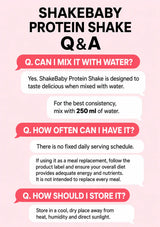 A pink and white infographic titled 'SHAKEBABY PROTEIN SHAKE Q & A' with text bubbles answering common questions about mixing with water, serving frequency, and storage.