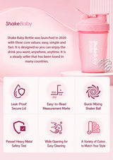Pink ShakeBaby shaker bottle with lid and straw on a light pink background, alongside product feature icons and descriptive text. The bottle has 'shakebaby' printed vertically on the side.