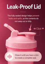 Pink ShakeBaby shaker bottle with a leak-proof lid, shown with promotional text and an arrow pointing to the lid mechanism on a dark pink background.