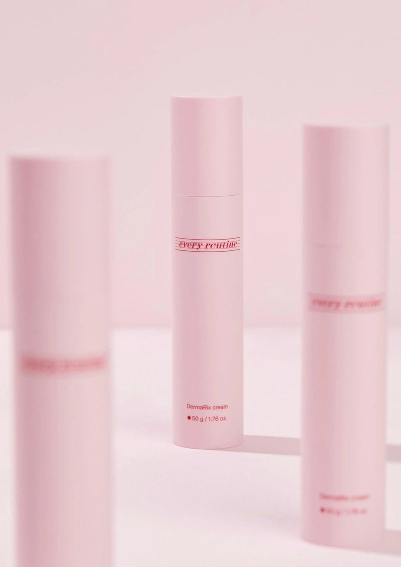 Three pink skincare bottles with 'every routine' branding on a light pink background