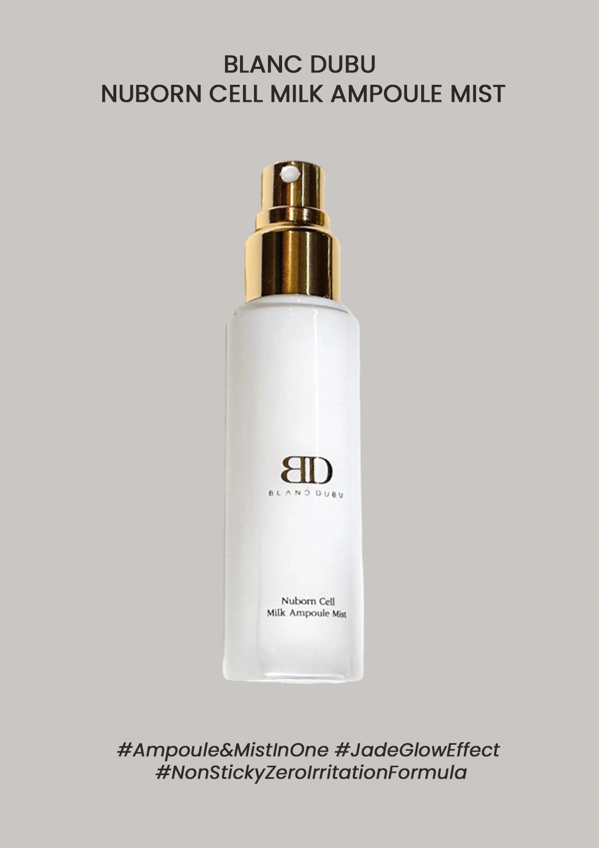 White bottle with gold cap on a gray background, featuring text about the product.