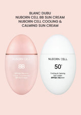 Two sunscreen bottles, one pink and one white, on a light pink background with text about the products.