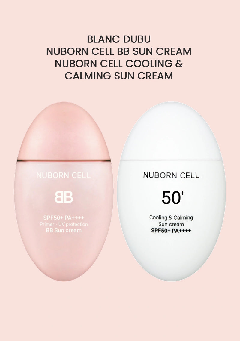 Two sunscreen bottles, one pink and one white, on a light pink background with text about the products.