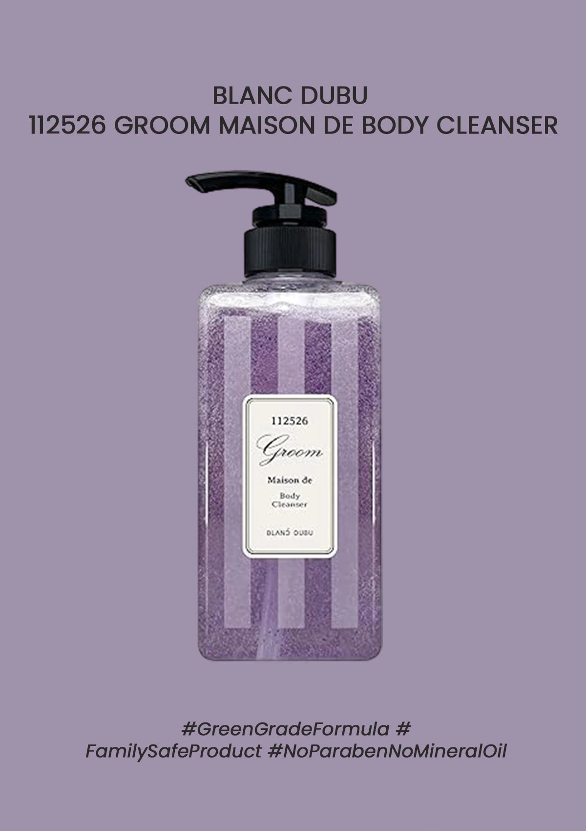 Body cleanser bottle with label on a purple background
