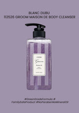 Body cleanser bottle with label on a purple background