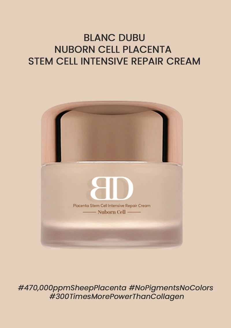 Beige skincare cream jar with 'Blanc Dubu' branding on a beige background