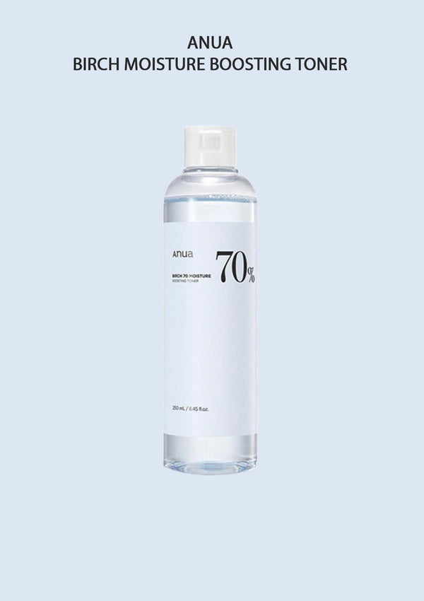 Bottle of ANUA Birch Moisture Boosting Toner on a light blue background