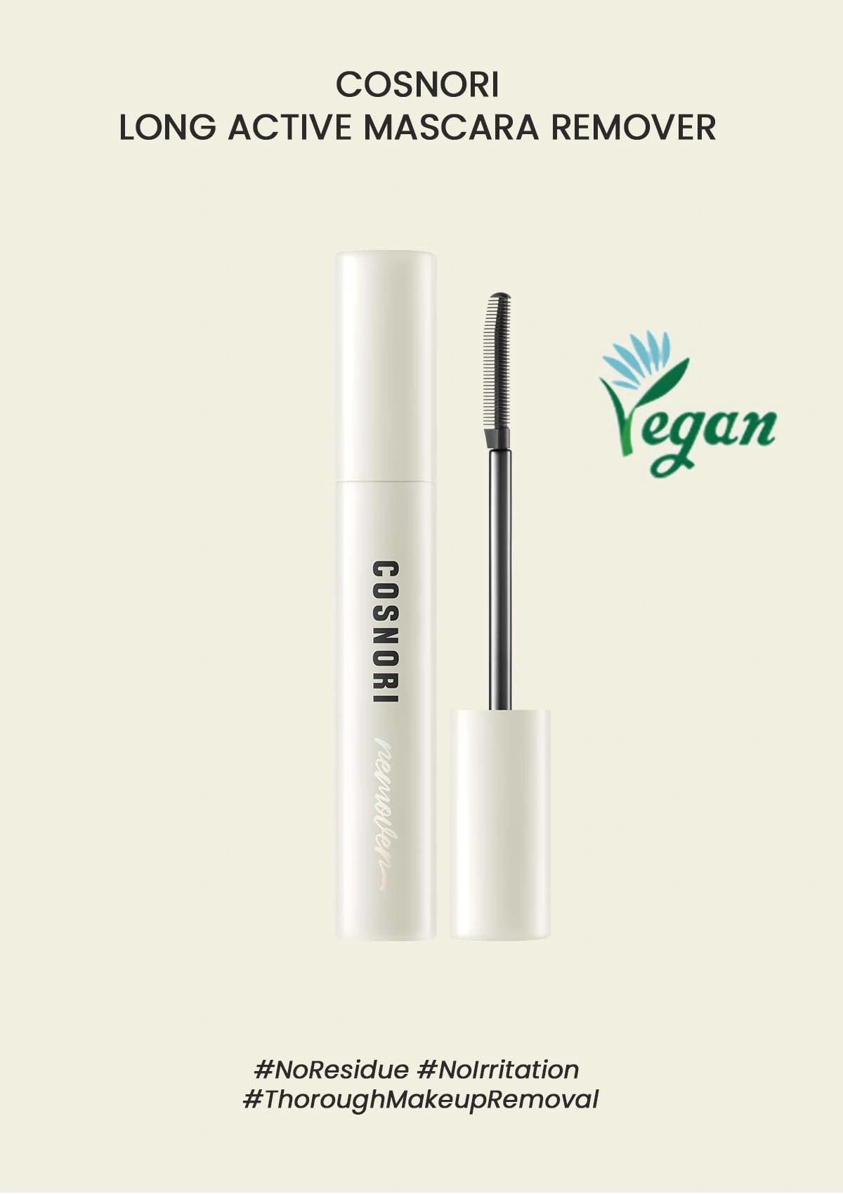 Cosnori long active mascara remover with vegan label on a white background