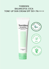 Torriden Balanceful Cica Tone-Up Sun Cream SPF 50+ PA+++ on a light green background