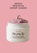 Arencia Fresh Royal Rosehip Cleanser jar with pink cleanser on a pink background