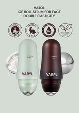 Two Varol ice roll serums for face on a light gray background with brand icons.