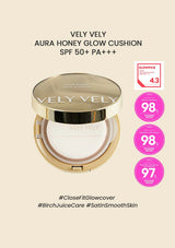 Packaging of VELY VELY Aura Honey Glow Cushion with SPF 50+ PA+++ indicating the product features and benefits such as high coverage, moisturizing, and lightweight.