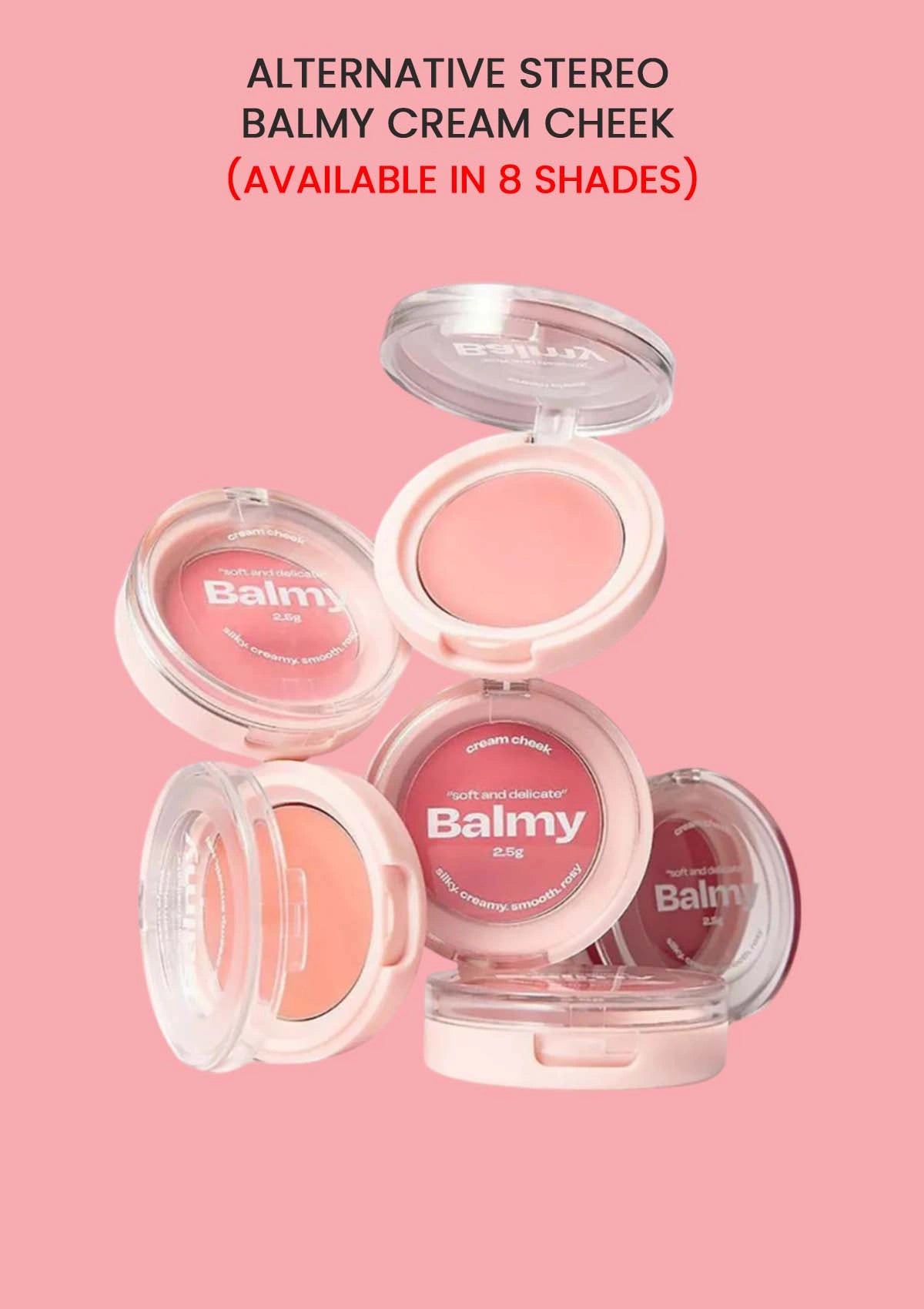 Balmy cream cheek products with open cases on a pink background