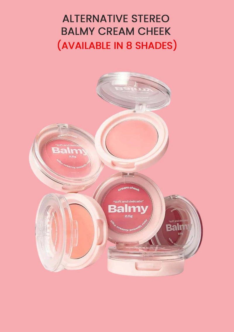 Balmy cream cheek products with open cases on a pink background
