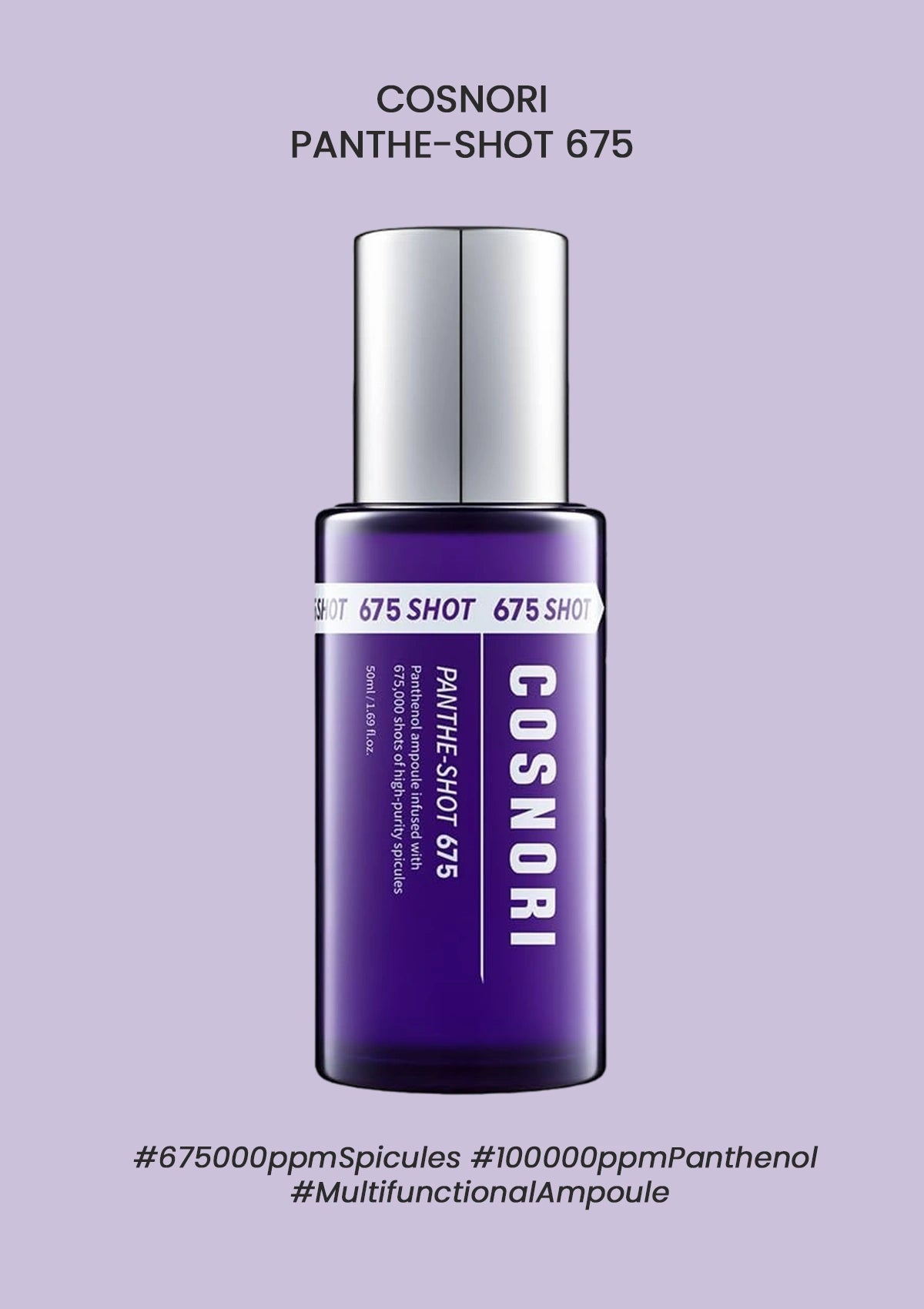 Purple bottle with silver cap labeled 'COSNORI' on a light purple background
