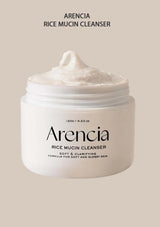 Arencia Rice Mucin Cleanser jar with cream on a beige background