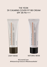 Two tubes of The Yeon 2X Calming Cover Fit BB Cream on a beige background