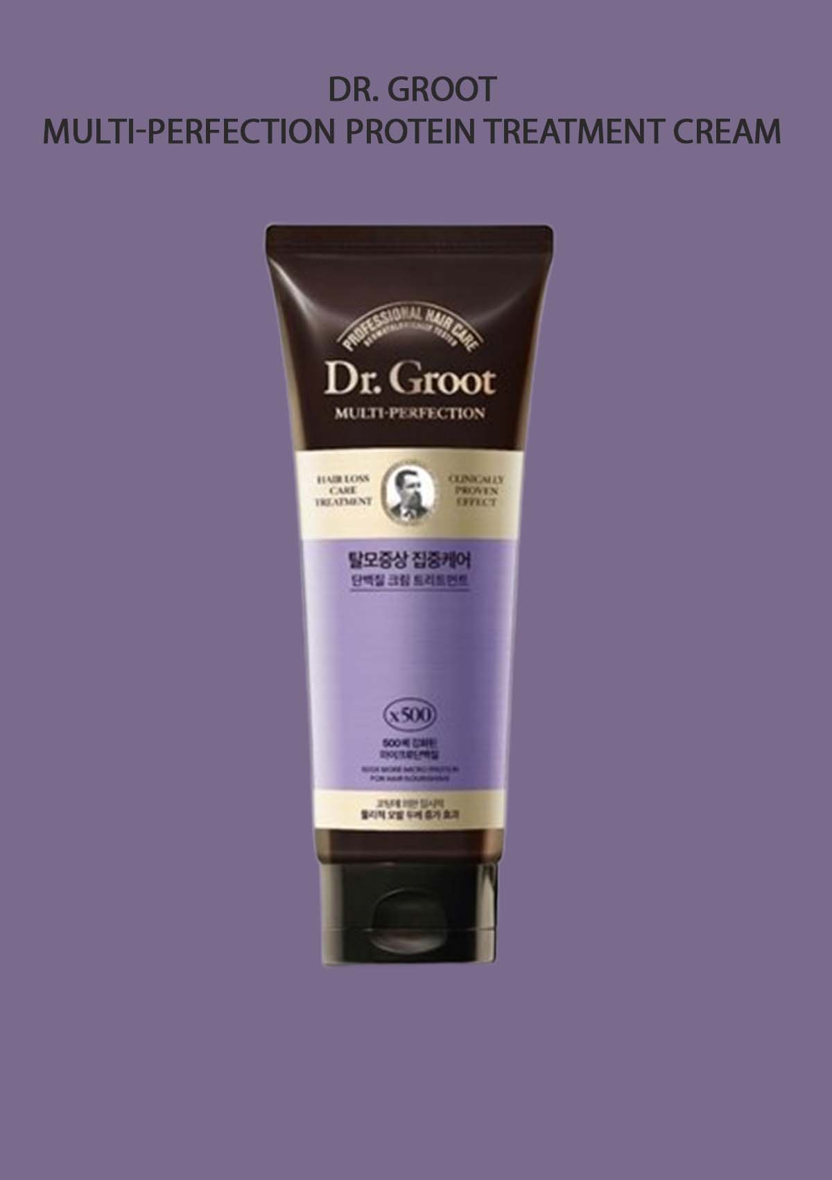 Dr. Groot Multi-Perfection Protein Treatment Cream tube on a purple background