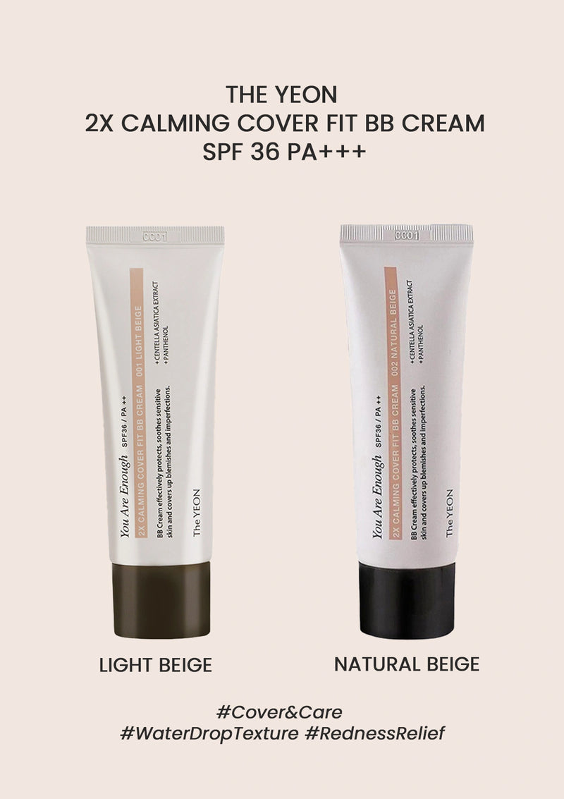 Two tubes of The Yeon 2X Calming Cover Fit BB Cream on a beige background