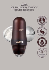 VAROL ice roll serum for face with product and feature icons on a gray background