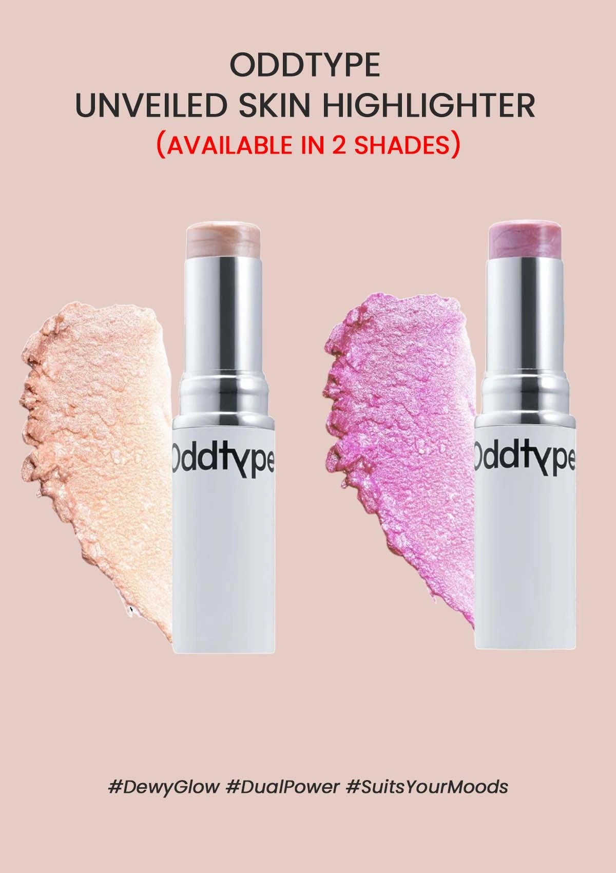 TwoOddtype skin highlighters with swatches on a beige background