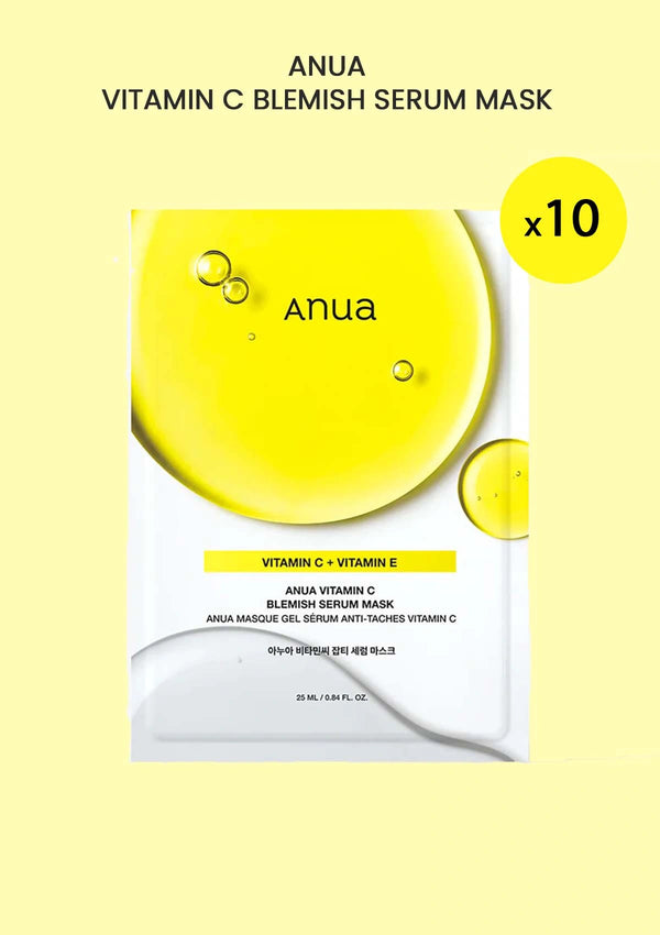 Anua Vitamin C Blemish Serum Mask packaging on a yellow background