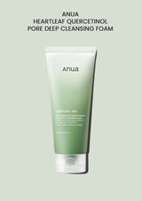 Green tube of Anua Heartleaf Quercetinol Pore Deep Cleansing Foam on a light green background