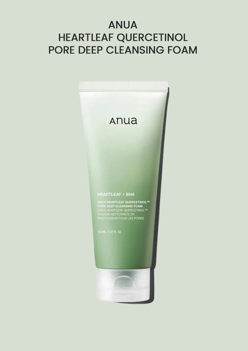 Green tube of Anua Heartleaf Quercetinol Pore Deep Cleansing Foam on a light green background