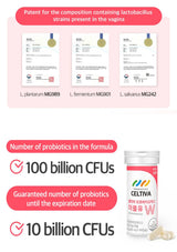 A product infographic for CELLTIVA probiotic capsules. The image features a white bottle of probiotics with a white and pink label, accompanied by three loose capsules.