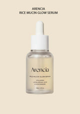 Arencia Rice Mucin Glow Serum bottle on a beige background