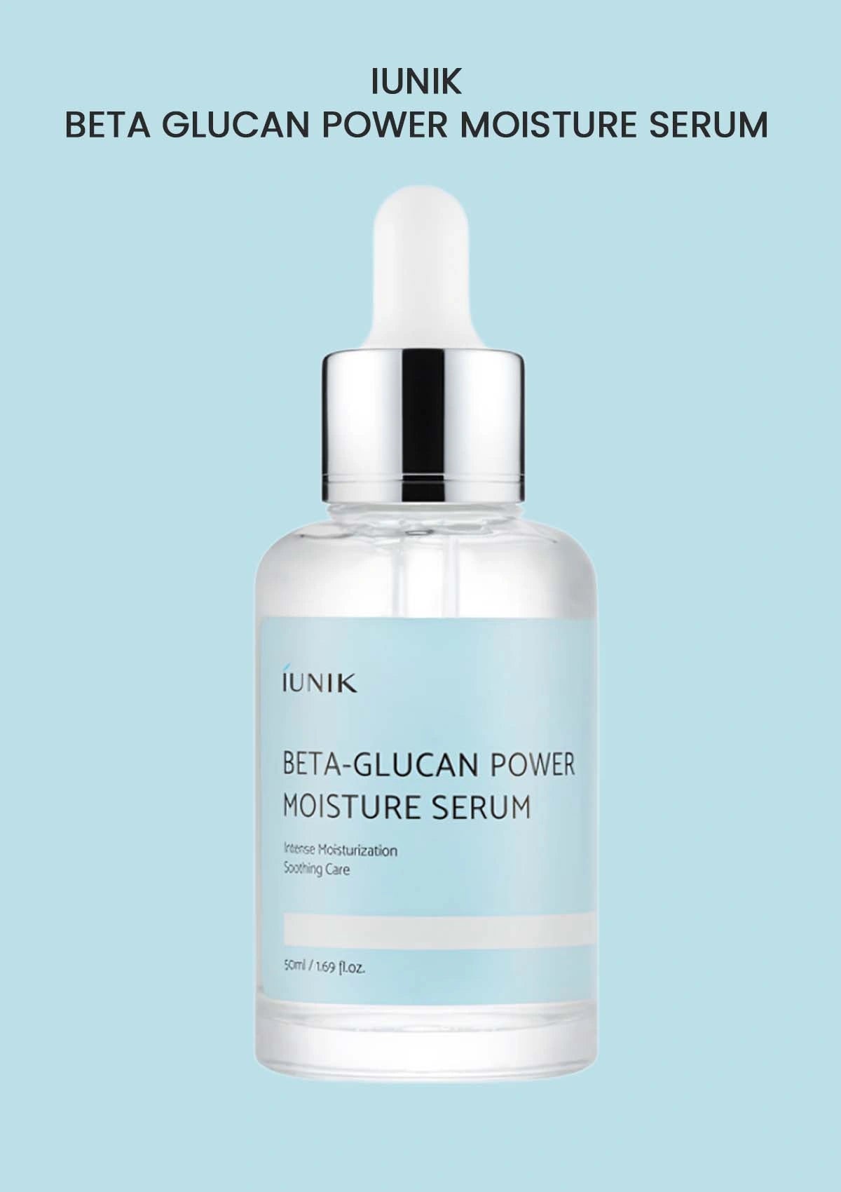 IUNIK Beta Glucan Power Moisture Serum bottle on a light blue background