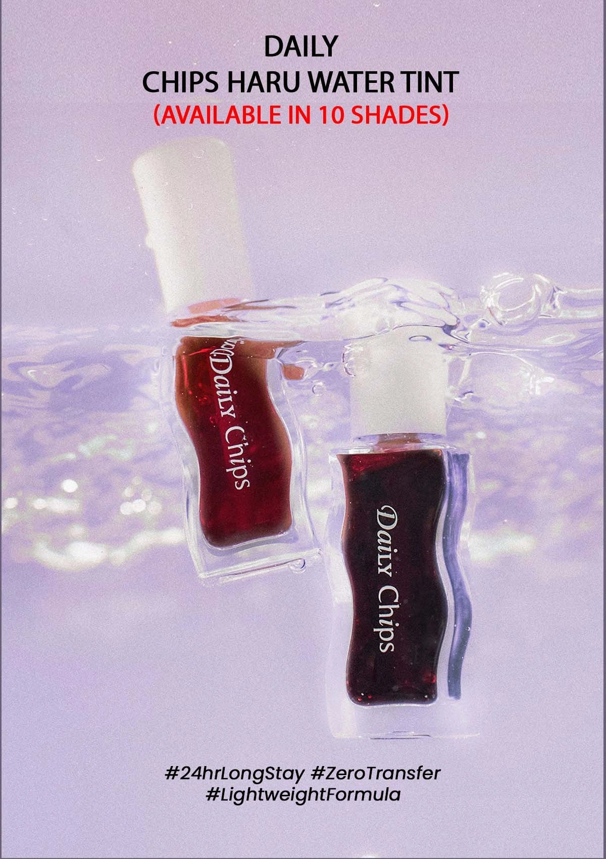 Two bottles of Daily Chips Haru Water Tint on a light purple background with water effect.