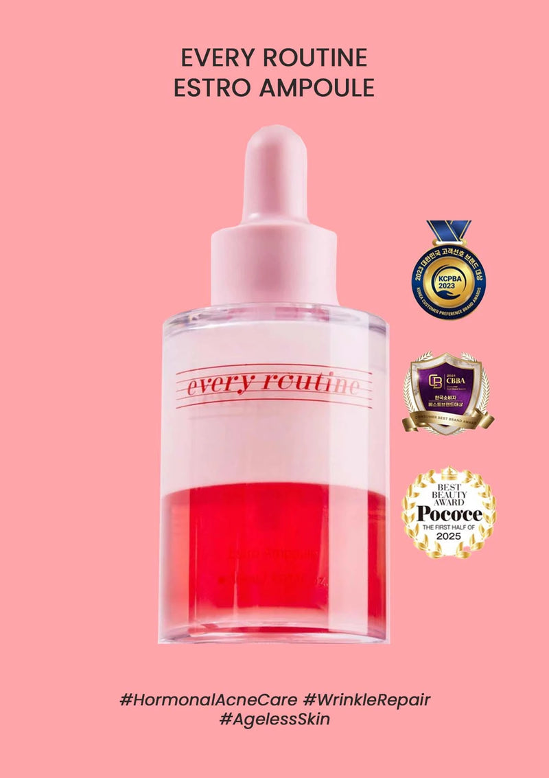 Every Routine Estro Ampoule bottle with red liquid on a pink background, featuring awards and product benefits text.