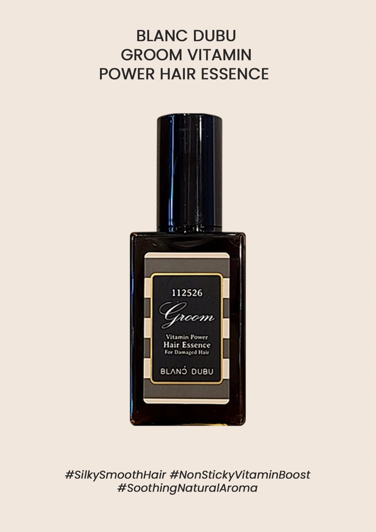 Bottle of Groom Vitamin Power Hair Essence on a beige background